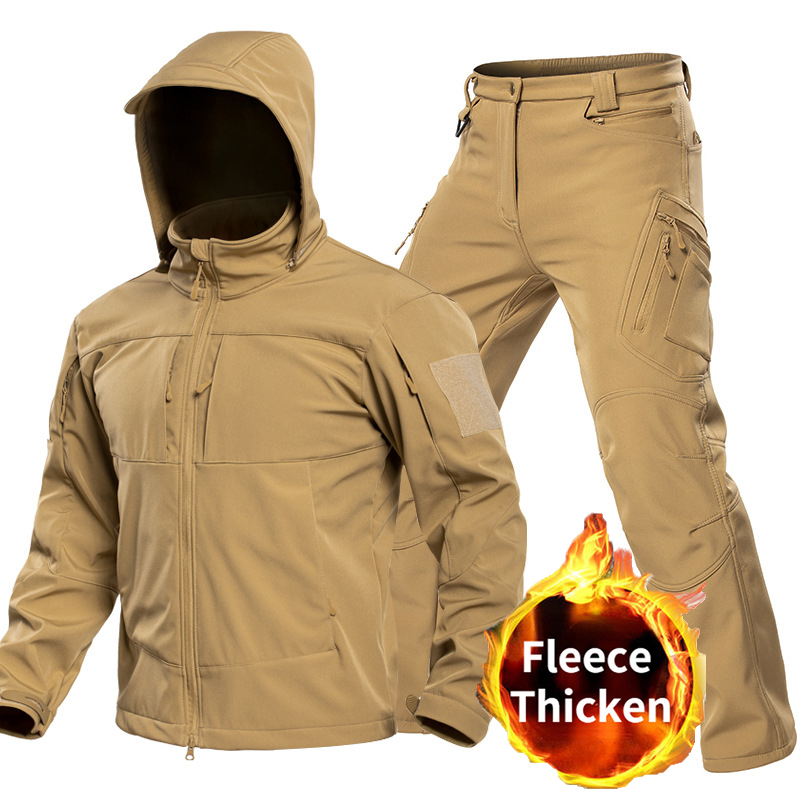 Winter Clothing Matching - 男性用アウトドアタクティカルソフトシェルスーツ フード付きフルジップジャケット カーゴパンツ 防風マルチポケットセット ハンティング・ハイキング・キャンプ用