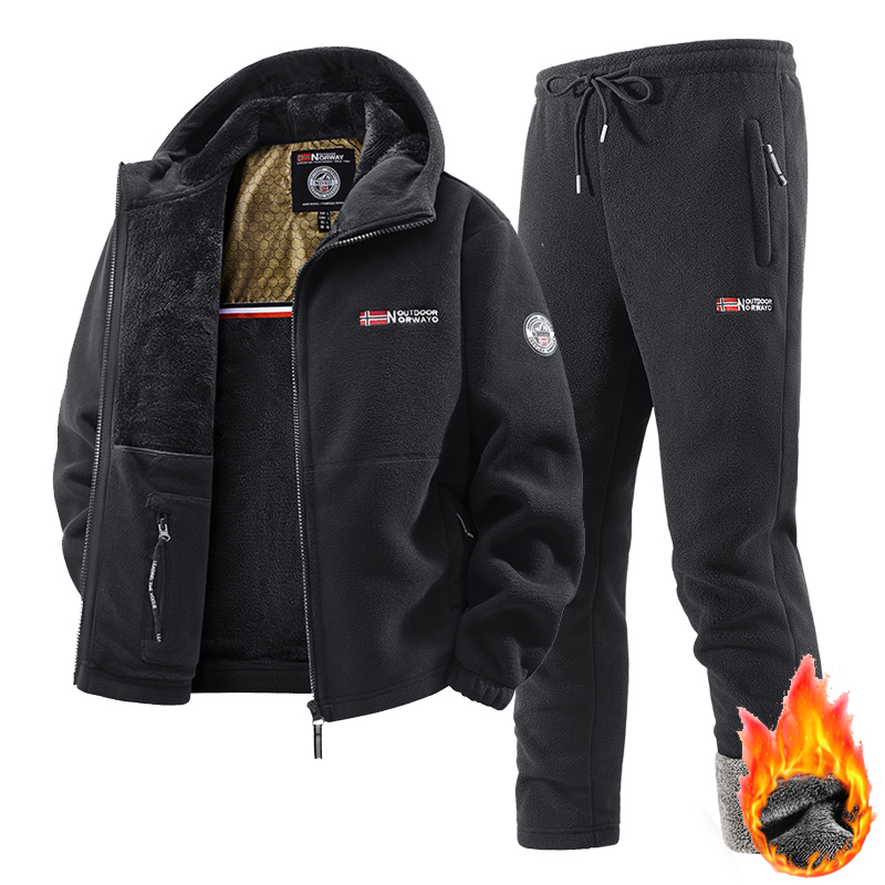 Winter Clothing Matching - 新作ウィンタースポーツウェアセット メンズ レトロトレーニング 厚手フリース フード付きジャケット+パンツ 2点セット