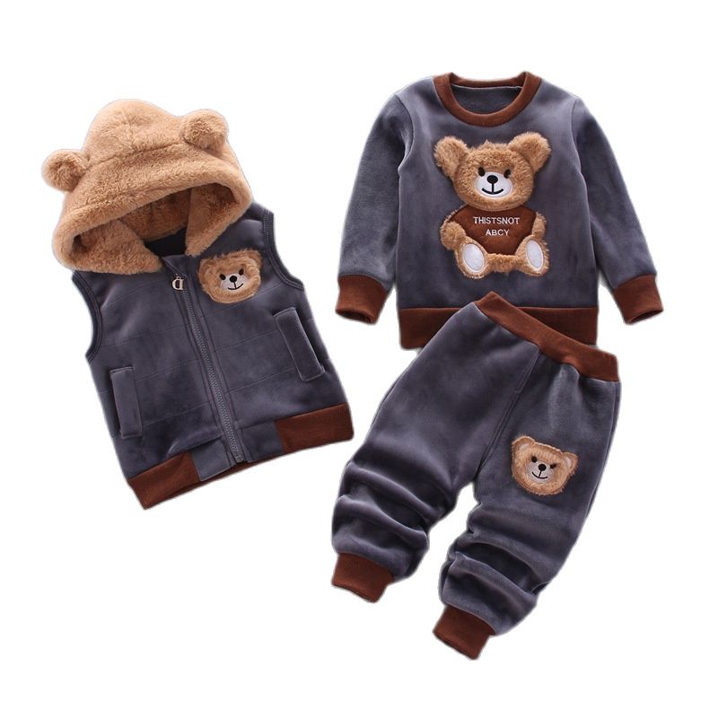 Winter Clothing Activities For Toddlers - 男の子と女の子のためのベルベットの服セット,厚いカジュアルなフード付きセーター,かわいいクマの漫画,3ピース,秋と冬