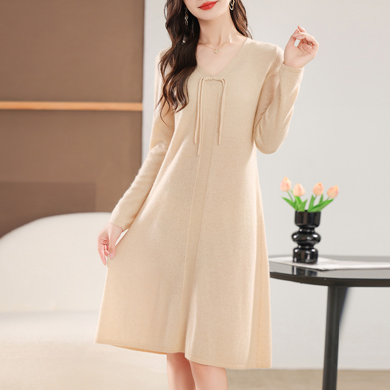 Winter Clothing Dress Up - 長袖ミドル丈ドレス,エレガントな婦人服,Vネック,ボタン付き,ニット,暖かい,秋冬,メリノウール100%,2022