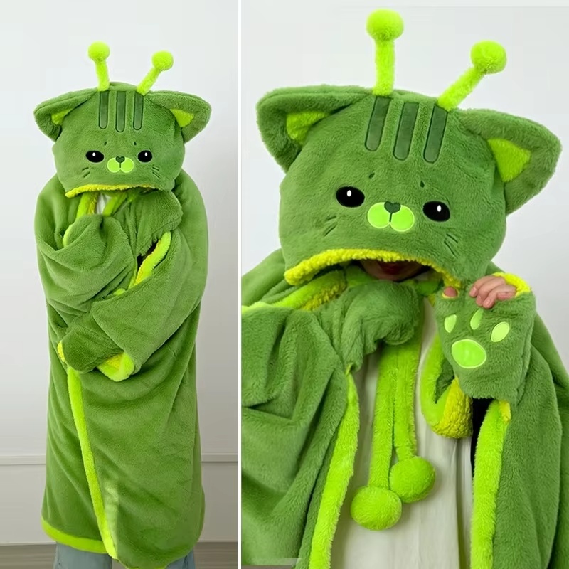 Winter Clothing Cute - 漫画風のかわいい宇宙猫のフード付きブランケットぬいぐるみマント、冬用グリーンフランネル着用可能ローブ、手袋付き、自宅オフィスでの昼寝用、女の子へのプレゼント
