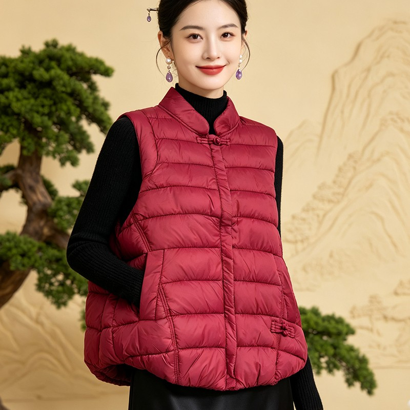 Winter Clothing Clearance Sale - レディースチャイナスタイル暖かいベスト 軽量コットン 秋冬アウター 無地バックルベストコート