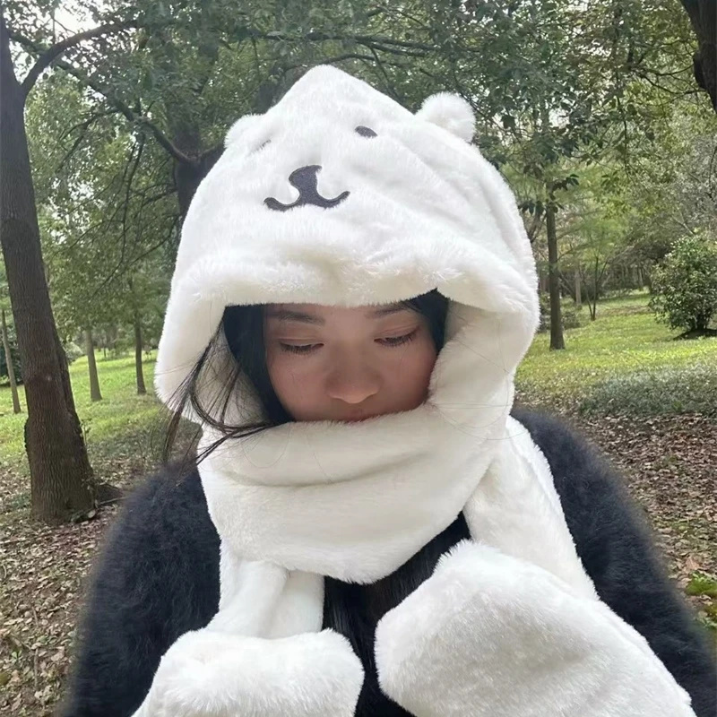 Winter Clothing Cute - 3 in 1ぬいぐるみ厚手フード付き帽子、キュートな漫画風クマ柄フリース、冬用暖かいオールインワンフード、女性、ティーン、子供向け、居心地の良いホームパーティーギフト