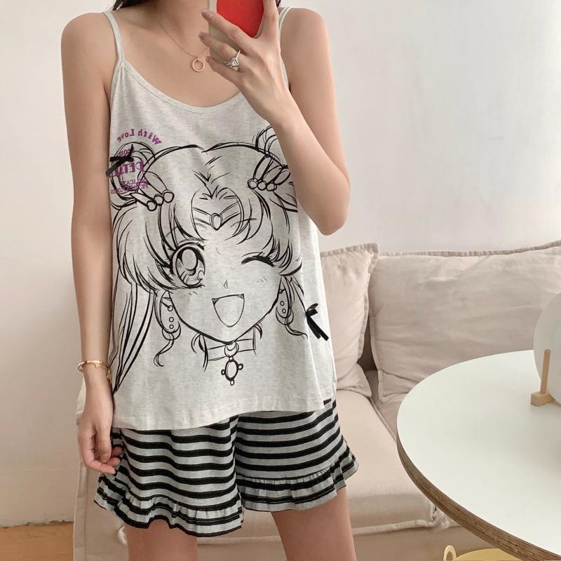 Winter Clothing Trends For Women - 大きいサイズのレディース服 韓国風セーラームーンパジャマ 夏用レディースキャミソールショートパンツ ラウンジウェア ゆったりカジュアルホームウェア トレンド