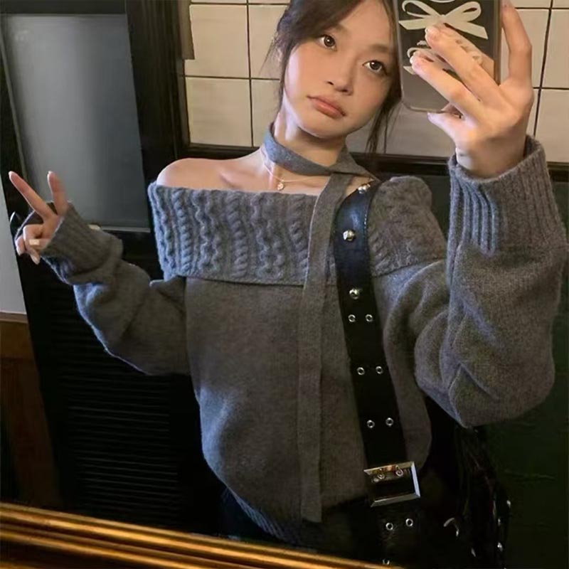 Winter Clothing Trends For Women - 婦人服ファッションスラッシュネック長袖ニットプルオーバー秋冬新エレガントトレンド固体ルーズセーターレディース Y2k トップ