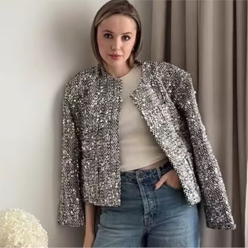 女性用オープンフロントジャケット,シルバースパンコール,光沢 - Winter Clothing Dress Up のレビューと価格