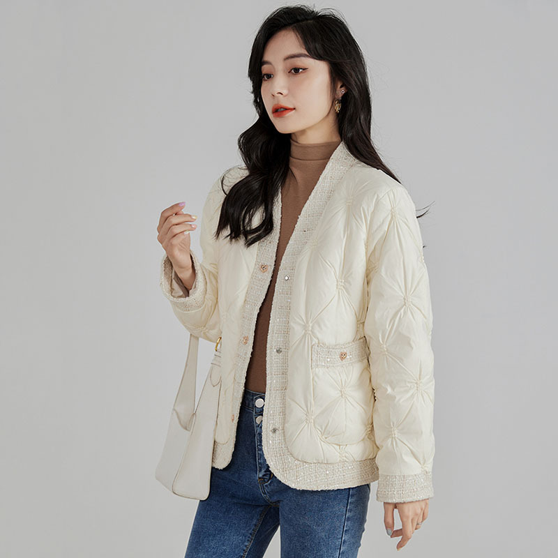 秋冬ダウンジャケット V ネックパッチワーク軽量ホワイトダッ - Winter Clothing Trends For Women のレビューと価格