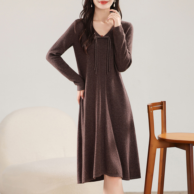 長袖ミドル丈ドレス,エレガントな婦人服,Vネック,ボタン付き - Winter Clothing Dress Up のレビューと価格