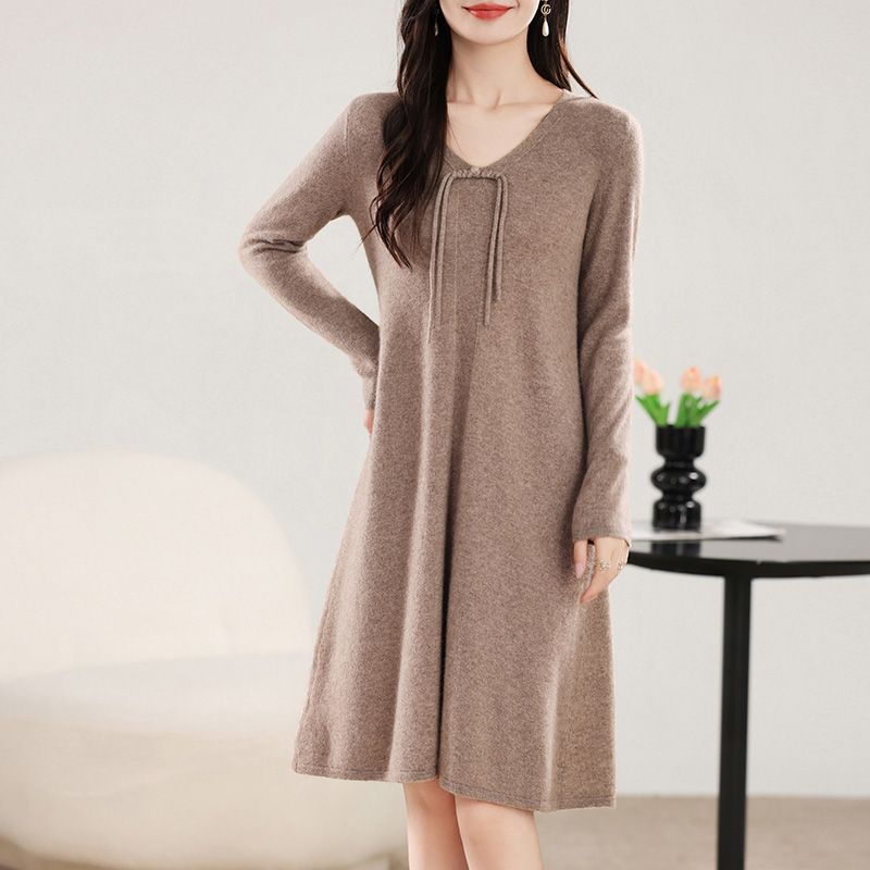 長袖ミドル丈ドレス,エレガントな婦人服,Vネック,ボタン付き - Winter Clothing Dress Up のレビューと価格