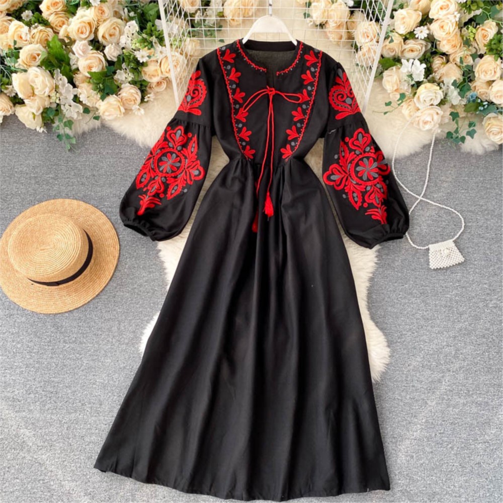 ルーズドレス刺繍花気質春秋ドレス女性のための長袖ラウンドネッ - Winter Clothing Dress Up のレビューと価格