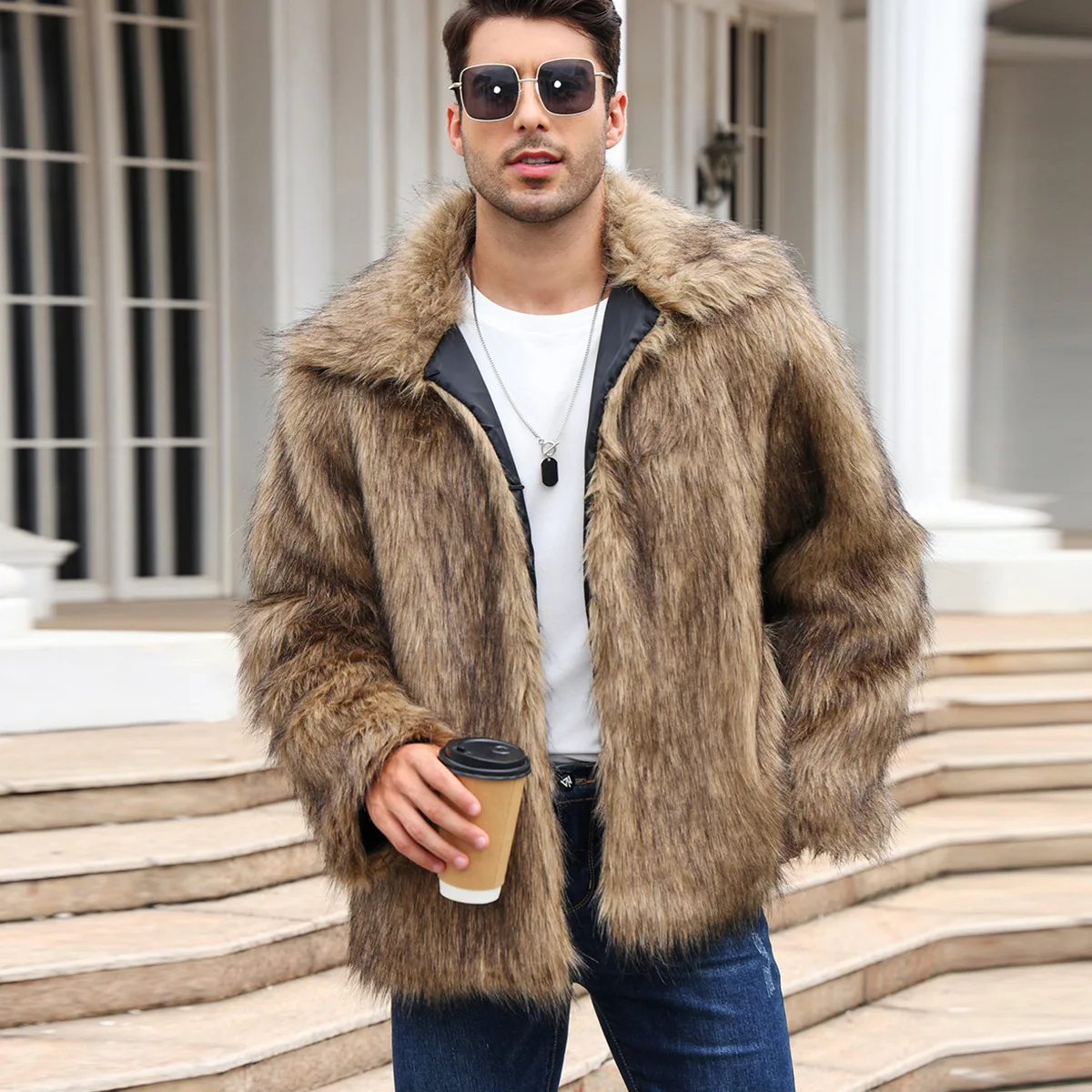 男性フェイクフォックスファージャケットコート冬厚いふわふわ長 - Winter Clothing Cute のレビューと価格