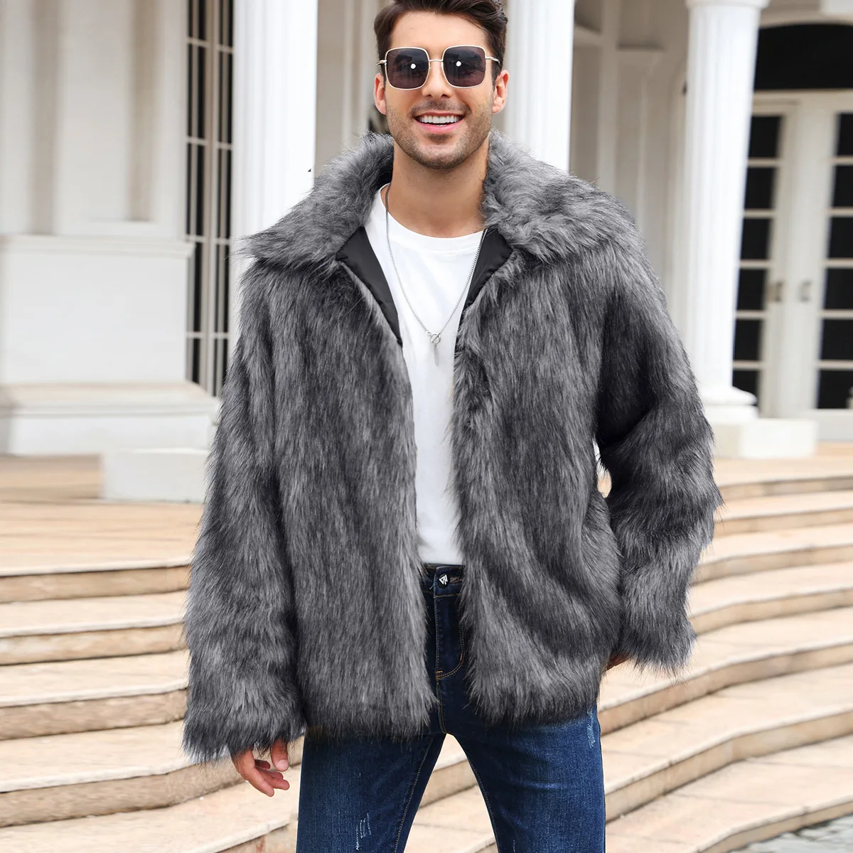 男性フェイクフォックスファージャケットコート冬厚いふわふわ長 - Winter Clothing Cute のレビューと価格