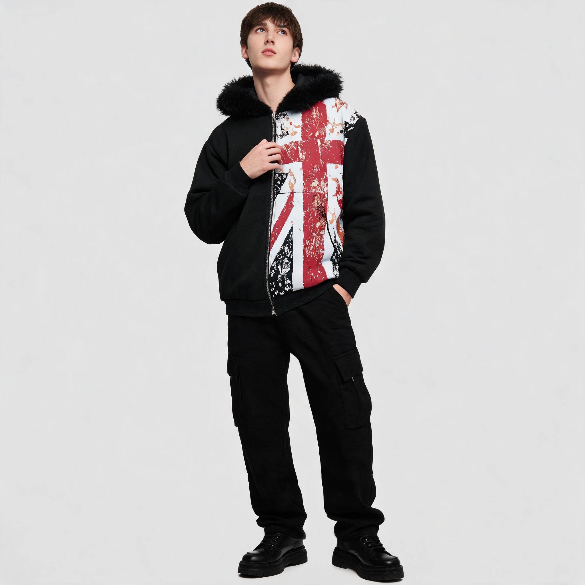 ヴィンテージ英国国旗プリントジップアップフード付きジャケット - Winter Clothing Uk のレビューと価格